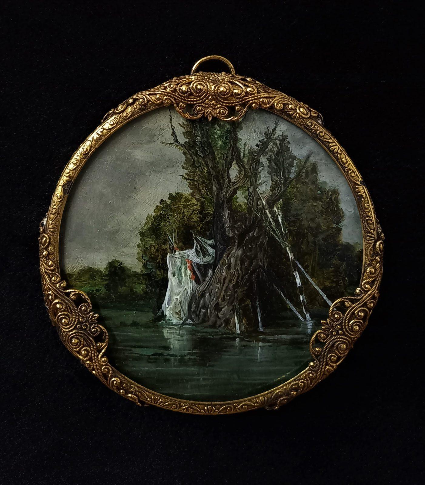 This miniature painting reflects the many depictions of the Hollow Tree through which one could pass. The ancient tree, though still alive, was supported with stays which were adorned during rituals or annual celebrations.