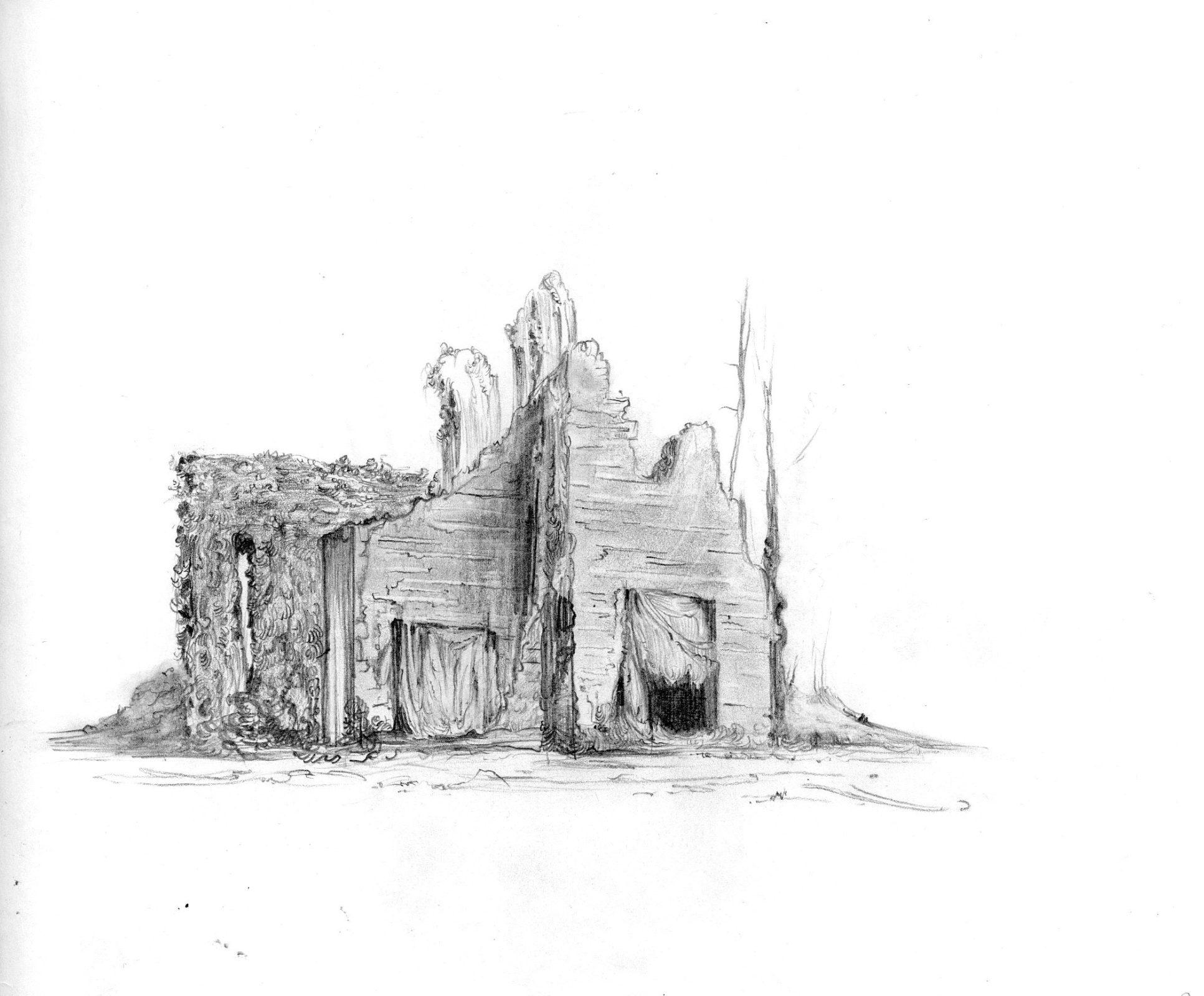 A ruin created from a variety of sources found in the archives. Graphite on paper